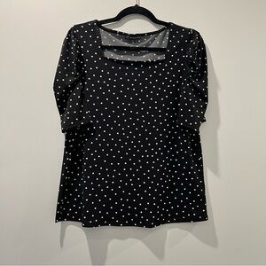 ADRIANNA PAPELL | Black Polka Dot Ruffle Sleeve Puff Sleeve Blouse Square Neck